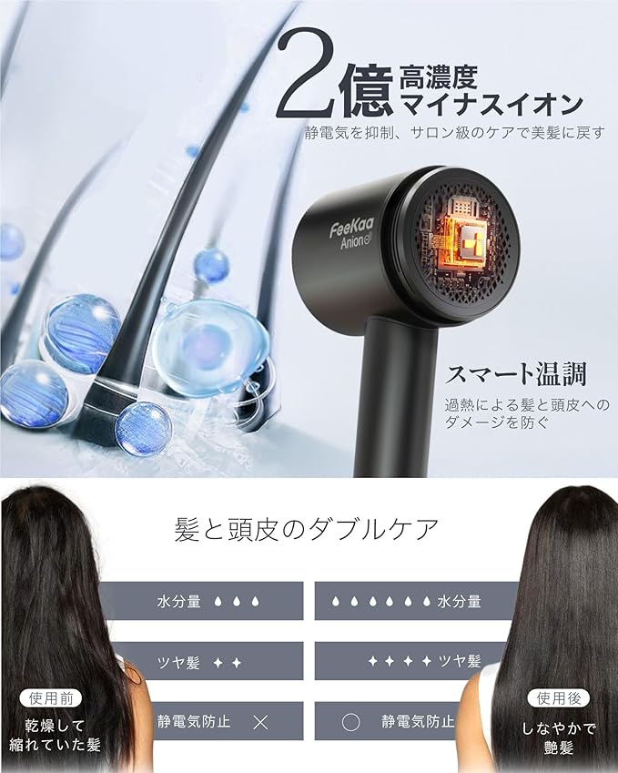 FK-HD-2328A マイナスイオンドライヤー スピーディーイオンドライヤー 1億 高濃度 マイナスイオン ヘアドライヤー 低騒音 軽量 大風量 速乾 還元 ダメージカット ノズル付き コンパクト 持ち運び便利 家庭用/ヘアサロン/出張・旅行用 PSE認証済み 日本語取扱説明書 黒