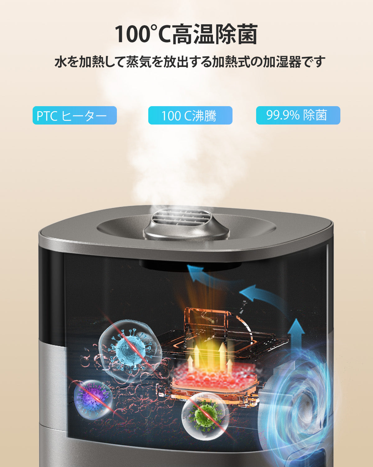 加湿器 大容量 20L/最大85畳 ハイブリッド式 スチーム式 加熱式 2301J グレー