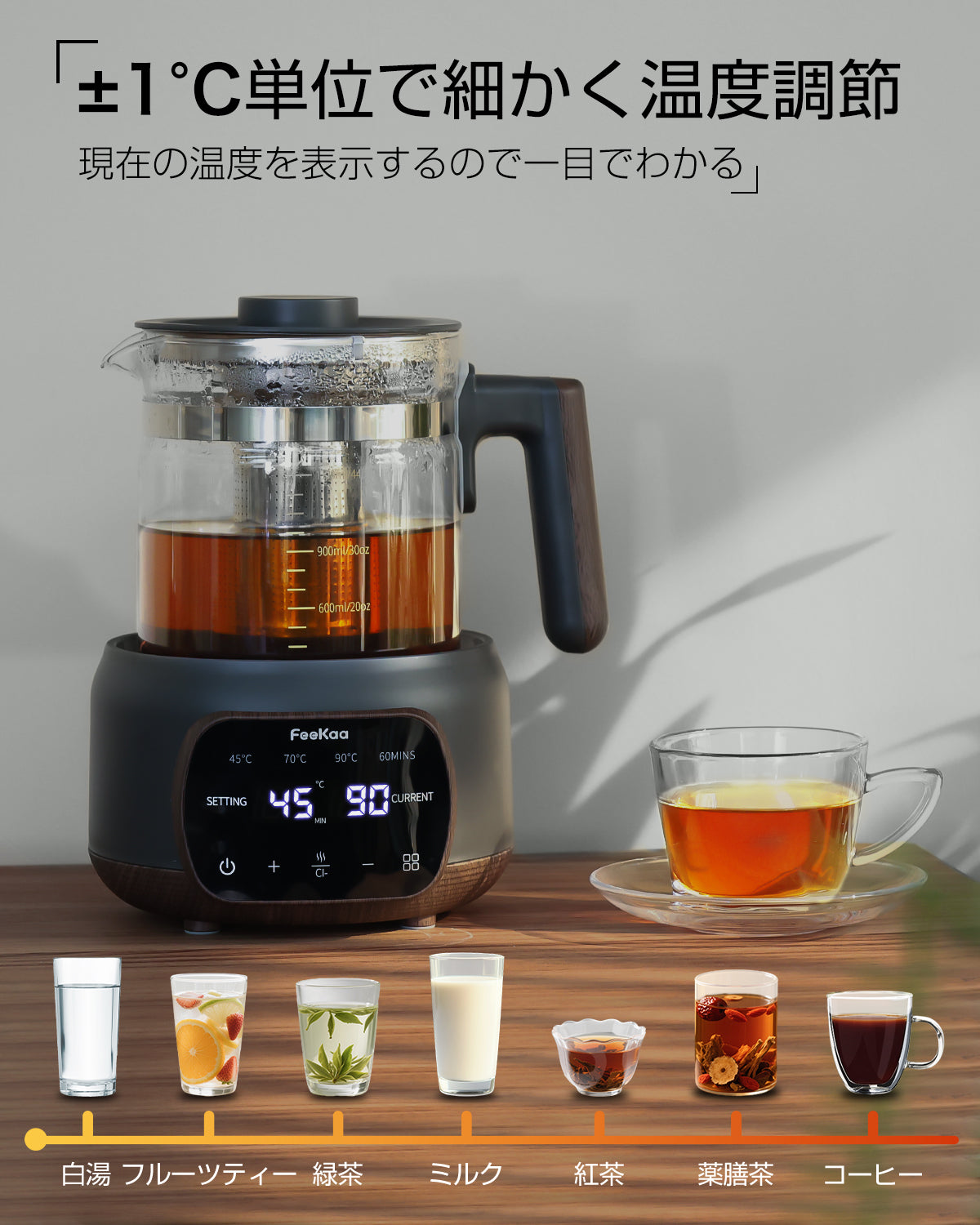 電気ケトル ガラス製 1.3L大容量 温度調節±1℃ 37〜95℃設定 72H保温 急速沸騰 お茶/コーヒー/粉ミルク対応 耐熱ガラス 茶漉し付 空焚き防止 SMARTメモリー ダークグレー