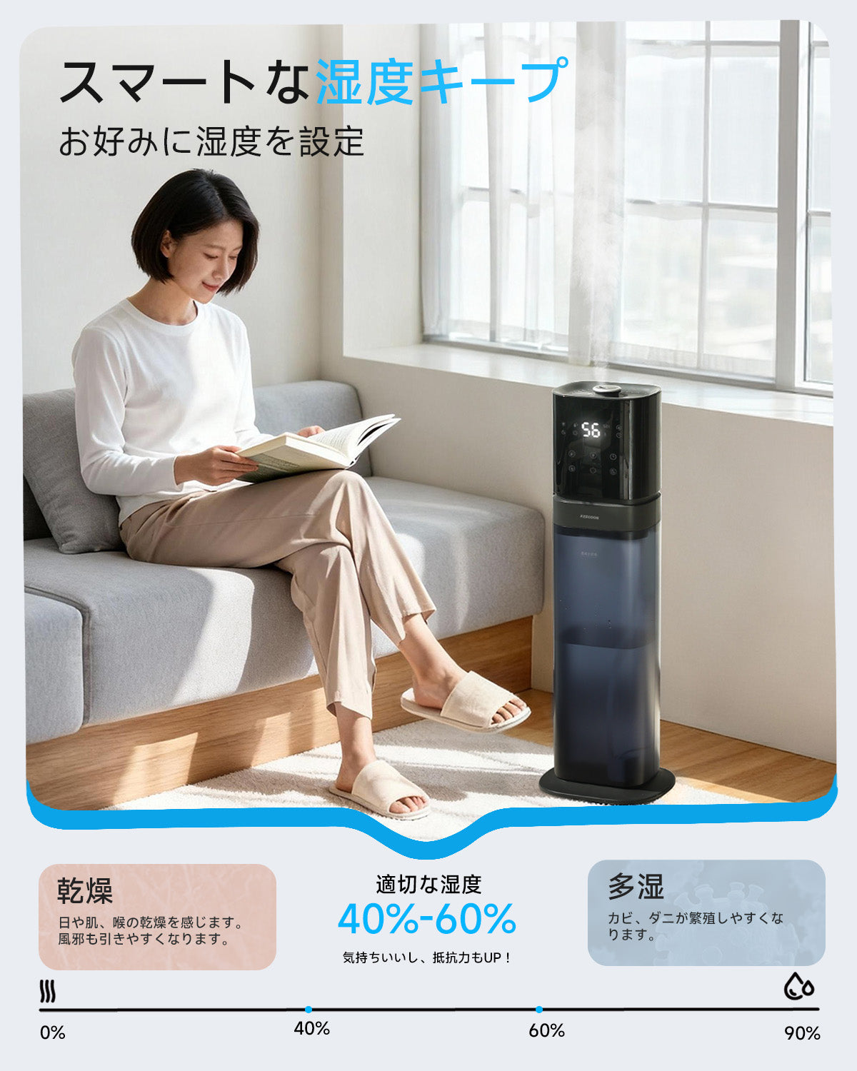 KEECOON 加湿器 大容量 8L 超音波式 業務用 【ESSEでも紹介され】 2025 透明タンク タワー型 業務用加湿器 大型 上から給水 4重除菌
