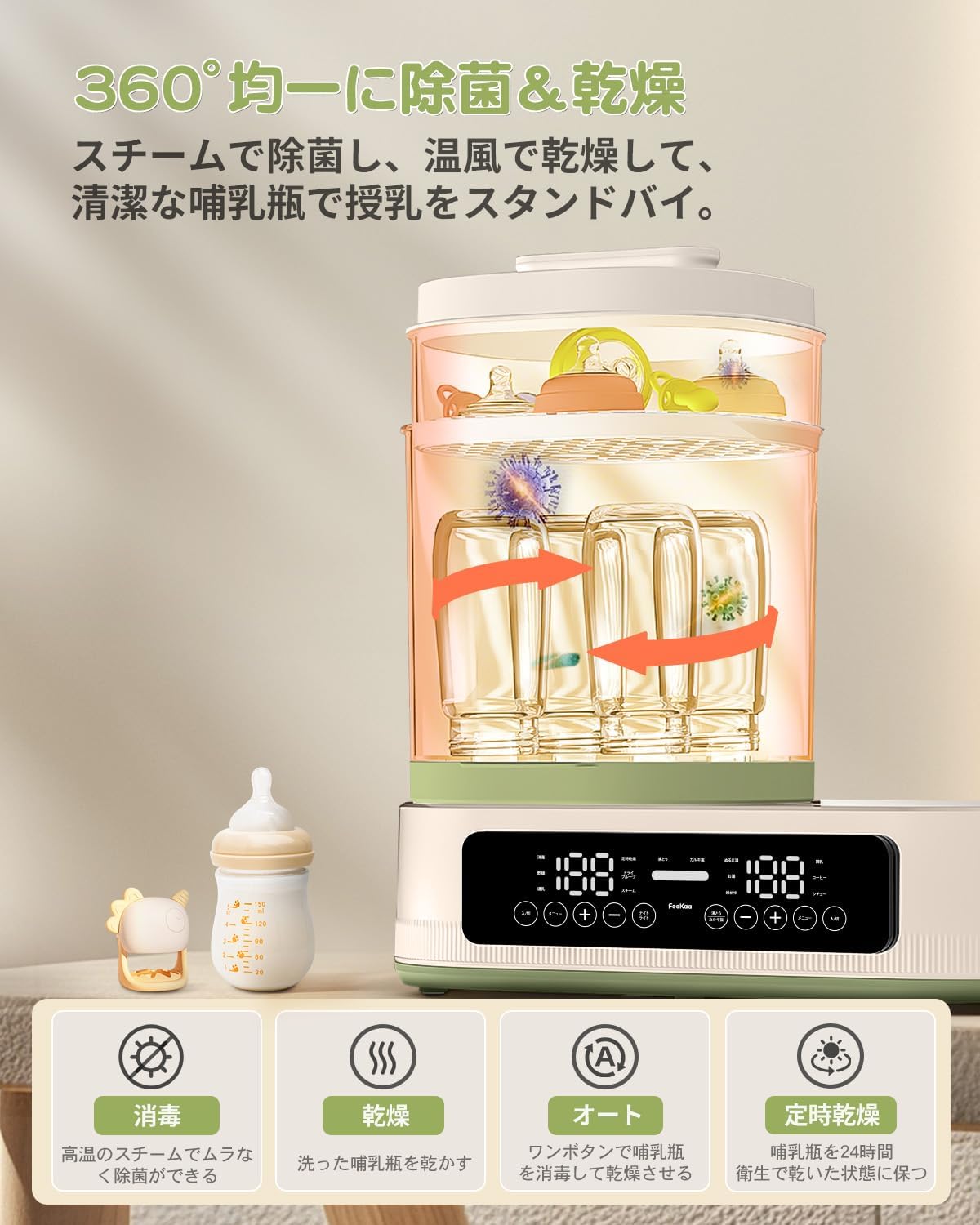 哺乳瓶消毒 ミルクウォーマー 多機能ボトルウォーマー 調乳ポット 1.3L電気ポット 保温・加熱 スチーム消毒 乾燥 離乳食対応 温度制御 1台8役 出産祝い
