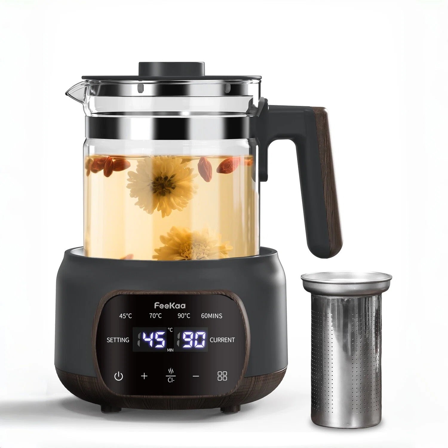 電気ケトル ガラス製 1.3L大容量 温度調節±1℃ 37〜95℃設定 72H保温 急速沸騰 お茶/コーヒー/粉ミルク対応 耐熱ガラス 茶漉し付 空焚き防止 SMARTメモリー ダークグレー